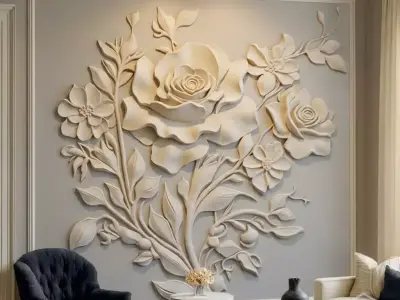 Modern Rose Flower Relief Wall Decor Set STL Mural CNC 387 3D model