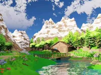 House Near Mountain Scene 3D model
