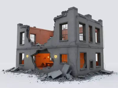 Destroyed Red Brick Building 3D Model Urban War Torn House Low-poly 3D model