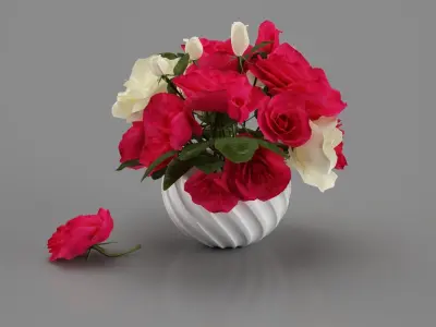 Bouquet of bright pink and white roses in a vase 3D model
