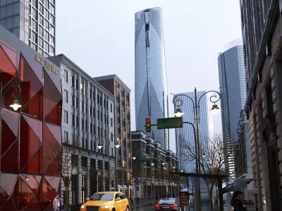 Post-rain commercial street Low-poly 3D model