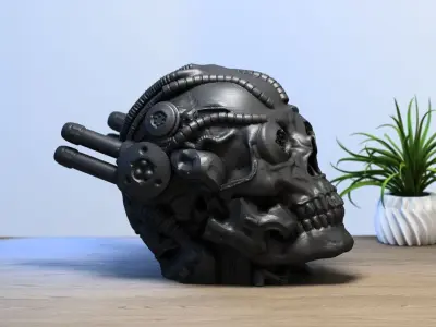 Robot Skull Headphone Stand Cyborg Headset Stand 3D print model 7