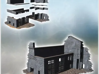 Industrial ruin with exposed piping steel framework and broken b 3D print model