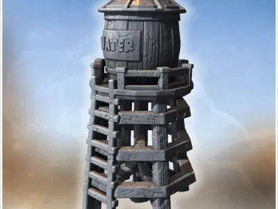 Elevated wooden water tank with conical roof vertical planks and 3D print model