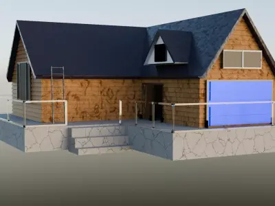 House with blue roofs and wooden walls and concrete flooring Low-poly 3D model