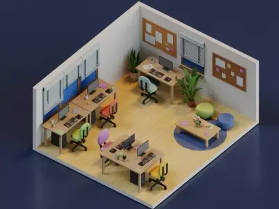 Ultimate Low Poly Office Pack with 5 Stylized Isometric Rooms Low-poly 3D model