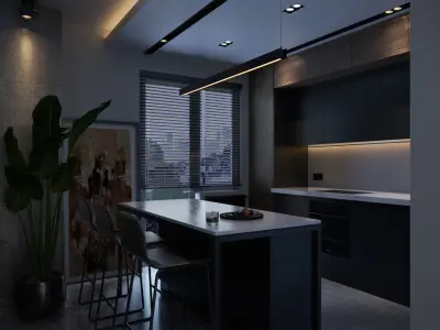 Black and wood modern kitchen   Vray settings  3D model
