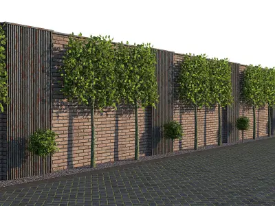 Brick Fence With Pleached Trees 3D model