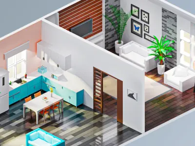 Room 1 living with furniture Low-poly 3D model