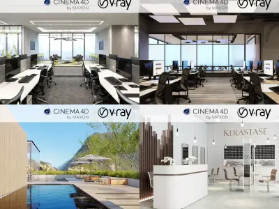 Set 2 - VRay C4D - 4 x Scenes 3D Model Pack