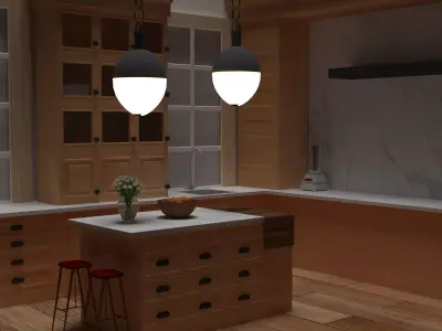 Kitchen Low poly with wooden cabinets and counter tops Free 3D model