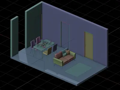 Isometric Dining Living Room With Wood Floor 3D model