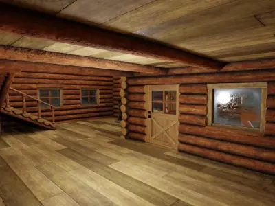 Large Log Cabin with Interior Fireplace Doors and Windows Low-poly 3D model