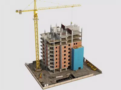 Mid Rise Construction Tower Crane Brick Building 3D Model  Low-poly 3D model