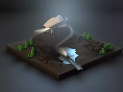 Lowpoly Road mountain with trees and bridge Low-poly 3D model
