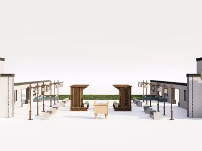 Modular Chinese Japanese Archway Lantern and Bench Set 3D model