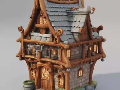 Fantasy Cottage 3D Whimsical Wooden House Stone Low-poly 3D model
