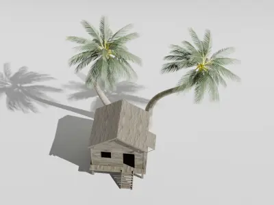Beach Cottage House with Palm Tree Low-poly 3D model
