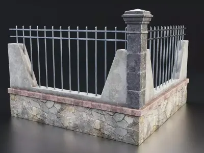 Stone and Iron Fence Set Low-poly 3D model