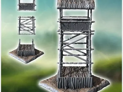 Medieval wooden post on platform with guard post at height 38 -  3D print model
