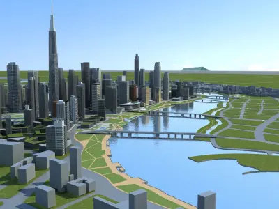 City 1 with skyscrapers and river 3D model