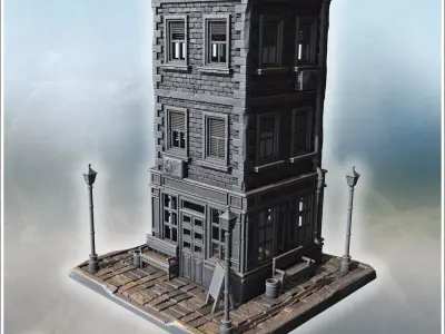 Three-story brick building with shuttered windows detailed entra 3D print model