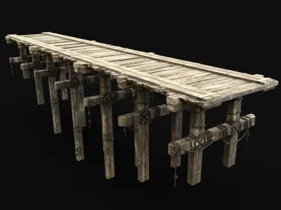 RAIL BRIDGE MEDIEVAL WOODEN PLATFORM CONSTRUCTION ENTERABLE Low-poly 3D model
