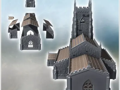 Christian church with square front Gothic tower and side annexes 3D print model