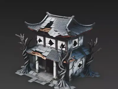 Stylized Spooky Ruined Chinese House 3D Model Low-poly 3D model