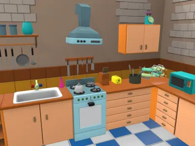 Isometric cartoon kitchen room 01 3D model