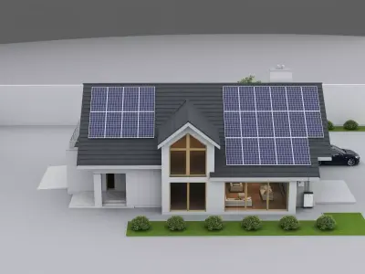 Modern eco friendly suburban homes equipped with solar panels Low-poly 3D model