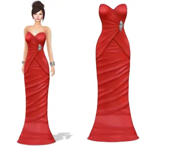 Red Satin Strapless Mermaid Gown With Brooch Low-poly 3D model