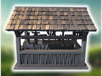 Open wooden market stall with a slanted roof display shelves and 3D print model