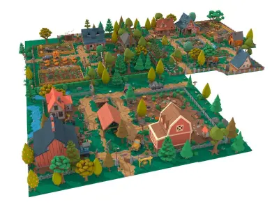 Cartoon village Low-poly 3D model