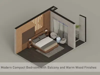 Modern Compact Bedroom with Balcony and Warm Wood Finishes 3D model