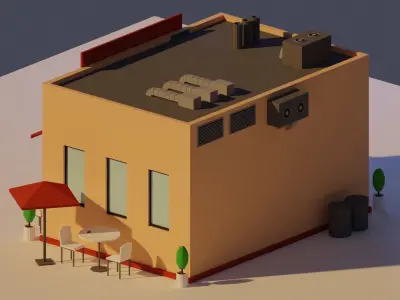 Low Poly Cafe building with tables and chairs Low-poly 3D model