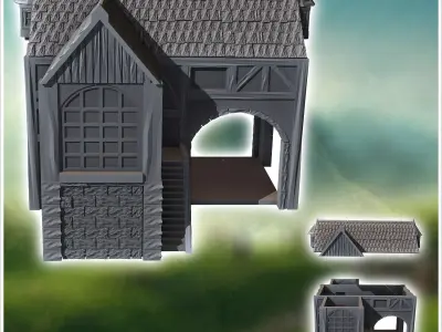 Medieval building with external stone staircase and large column 3D print model