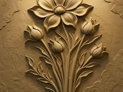 Modern Flower Bouquet Relief Wall Decor Set STL Mural CNC 385  3D model