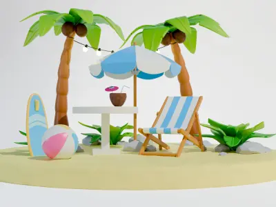 Stylized beach umbrella and sun lounger set 3D model
