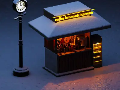 Coffee Station with Clock and Snow Low-poly 3D model