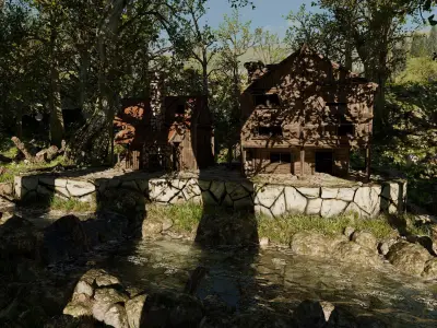 Cabin River Landscape Scene 3D model