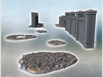 Series of damaged walls with broken sections rubble piles and in 3D print model