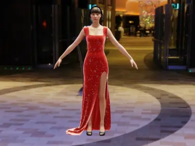 Shinning crystal velvet-fishtail-high split party dress Low-poly 3D model