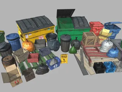 Garbage bins and  crates and other Props Low-poly 3D model