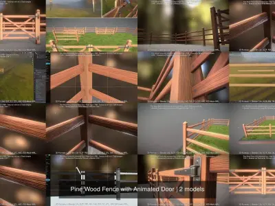  Pine Wood Fence with Animated Door 3D Model Pack