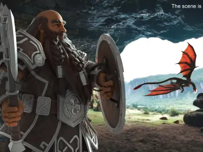  Dwarf Fighter with Axe and Shield Rigged 