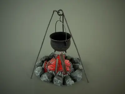 Campfire with cauldron Low-poly 3D model