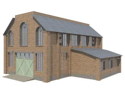 Warehouse 3 brick building with metal roof Low-poly 3D model