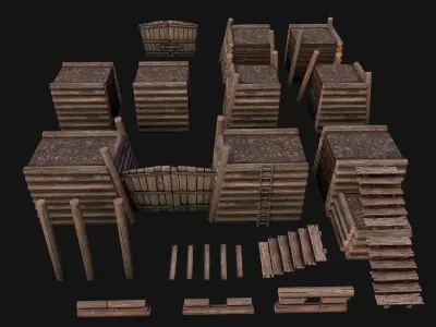 Wooden Castle Fort Walls Modular Low-poly 3D model