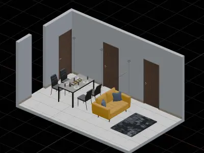 Isometric Living Dining Room With One Yellow Sofa 3D model